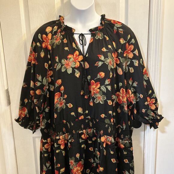 Terra & Sky Black Red Floral Maxi Dress Plus Size 5X 3/4 Sleeve Keyhole Tie Neck - Picture 8 of 16